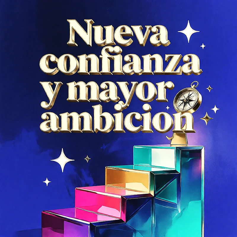Escalones de cristal de colores brillantes con una brújula dorada en la cima sobre un fondo azul oscuro con estrellas brillantes.