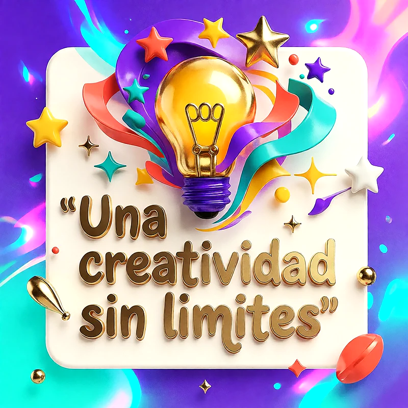 Bombilla dorada con cintas de colores y estrellas sobre fondo blanco, con mensaje de felicitación en letras doradas.