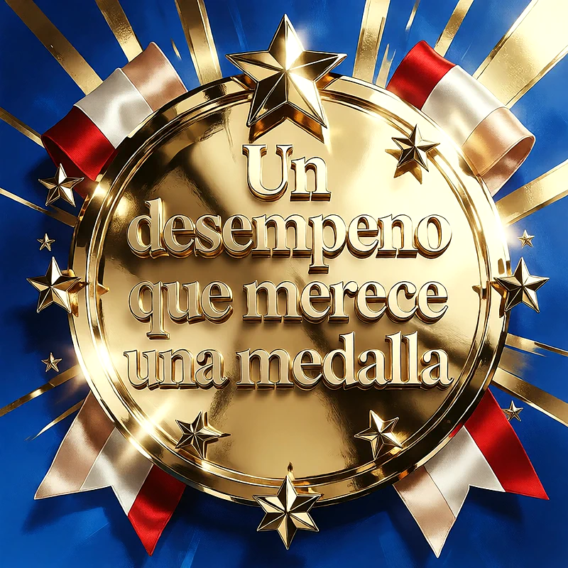 Gran medalla dorada con estrellas brillantes sobre un fondo azul con destellos de luz, decorada con cintas de colores rojo y blanco.
