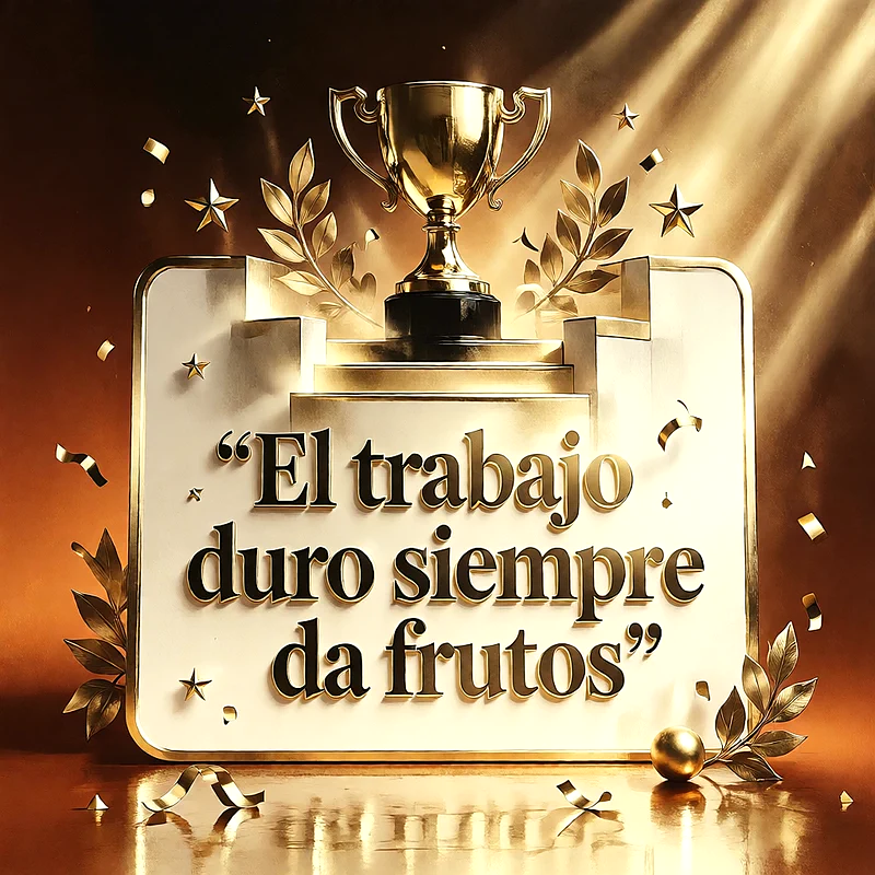 Trofeo dorado sobre un podio rodeado de hojas de laurel, confeti y estrellas, con mensaje de felicitación en letras doradas.