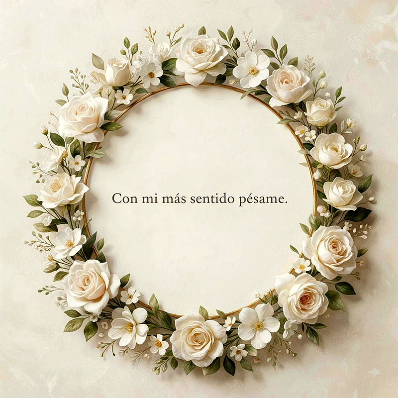 Imagen de pésame con cerca de rosas blancas y verdes sobre fondo beige claro, texto central Con mi más sentido pésame