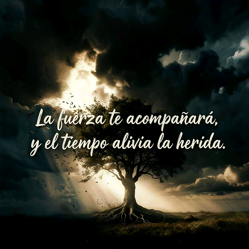 Imagen oscura de un árbol con raíces expuestas bajo un cielo nublado con rayos de luz. El texto dice 'La fuerza te acompañará, y el tiempo alivia la herida', transmitiendo consuelo.