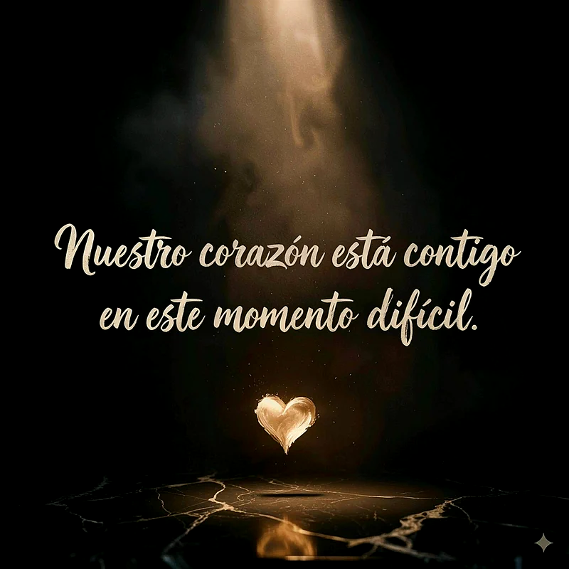 Corazón dorado brillante flotando sobre mármol oscuro y reflectante. Fondo negro con luz cálida superior. Mensaje visible: 'Nuestro corazón está contigo en este momento difícil'.
