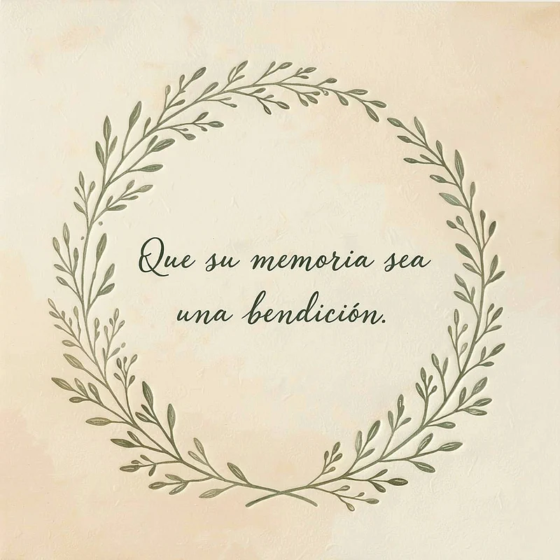 Tarjeta de pésame con un delicado marco circular de ramas y hojas verdes. El mensaje central dice 'Que su memoria sea una bendición' en letras cursivas sobre un fondo crema con textura.