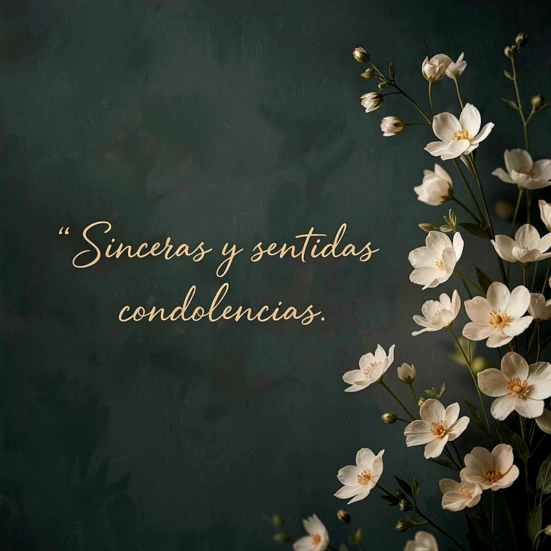 Ramo de flores blancas sobre fondo verde oscuro con el texto Sinceras y sentidas condolencias en tipografía caligráfica dorada.
