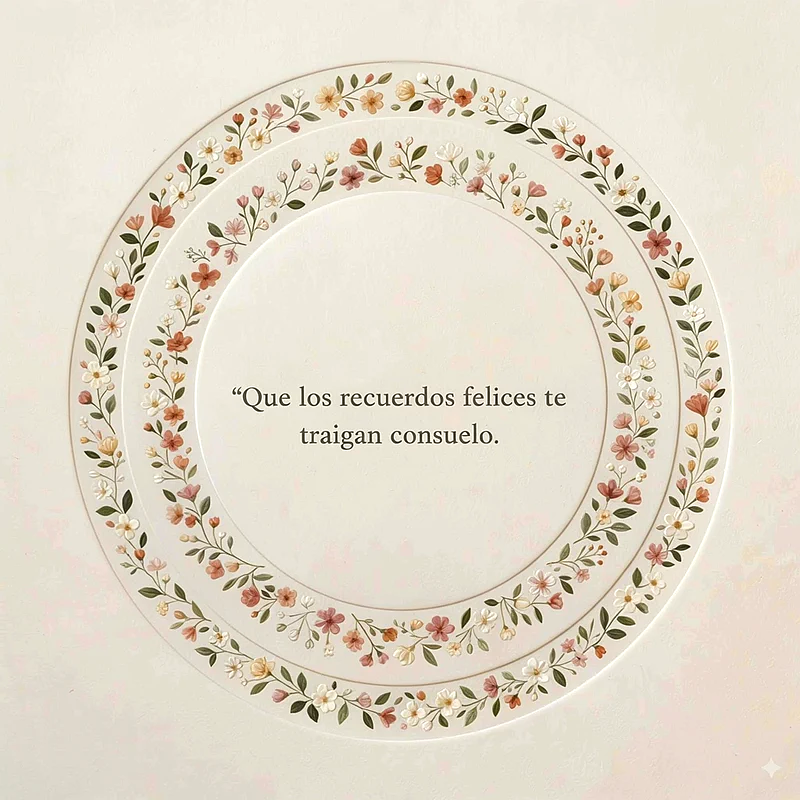 Cuadro circular con bordes florales ornamentales y texto central de pésame caligráfico.