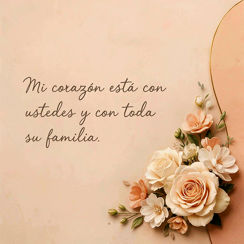 Imagen de pésame con un mensaje de apoyo y flores en tonos crema y melocotón. Destaca el texto 'Mi corazón está con ustedes y con toda su familia'.