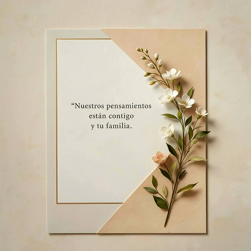 Tarjeta de pésame elegante con diseño geométrico y delicadas flores blancas y rosadas. Incluye el texto 'Nuestros pensamientos están contigo y tu familia' en tonos neutros.