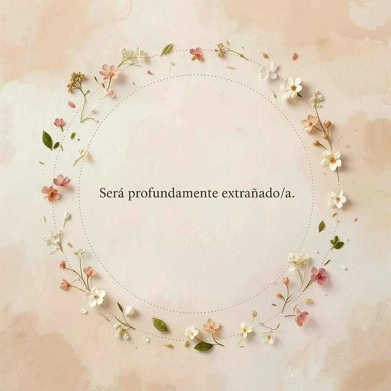 Marco floral circular con flores blancas y rosas sobre fondo beige, texto central que dice Será profundamente extrañado/a.