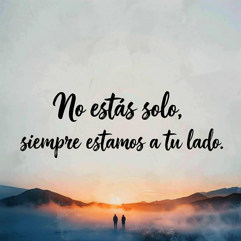 Siluetas de dos personas en un paisaje de montaña con niebla y un atardecer naranja. El texto en la parte superior dice 'No estás solo, siempre estamos a tu lado'.