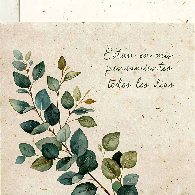 Imagen con ramas de eucalipto de hojas verdes y azuladas sobre un fondo texturizado color beige claro. El texto visible dice: 'Están en mis pensamientos todos los días'.