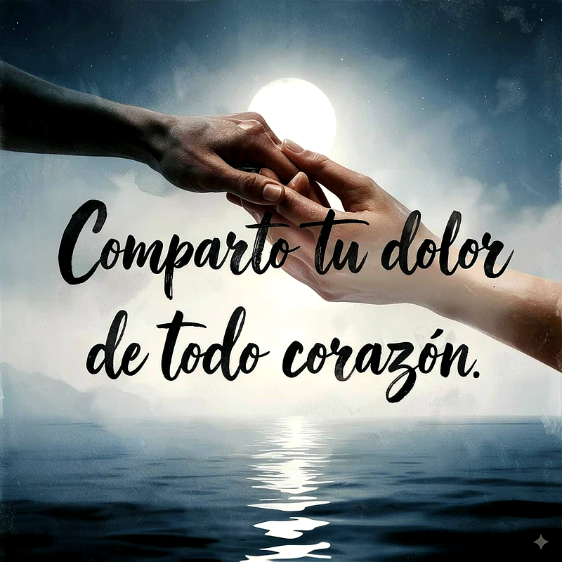 Manos entrelazadas en apoyo, con fondo de luna llena y su reflejo sobre el agua. El texto principal dice 'Comparto tu dolor de todo corazón' en cursiva.