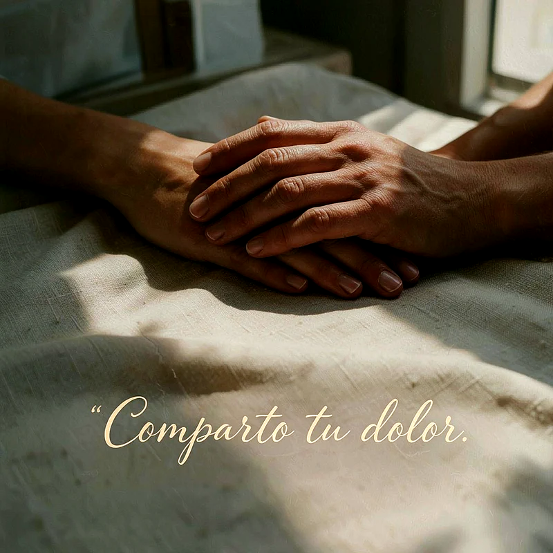 Manos entrelazadas sobre una sábana blanca con luz natural, texto dorado que dice Comparto tu dolor en estilo elegante.