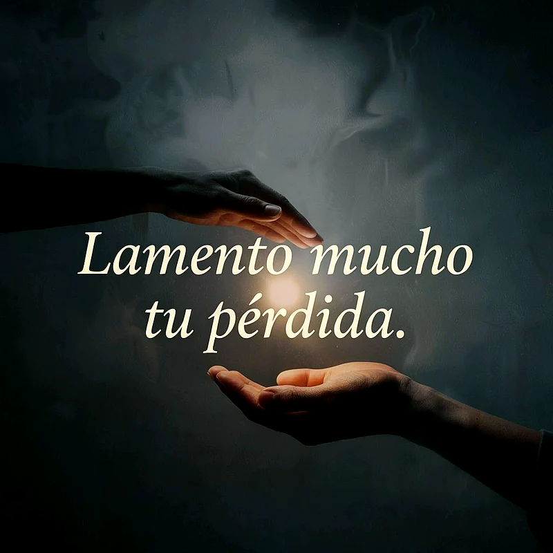 Imagen oscura con dos manos, una arriba y otra abajo, irradiando una luz tenue y reconfortante. El texto visible dice 'Lamento mucho tu pérdida' con letras blancas y brillantes.