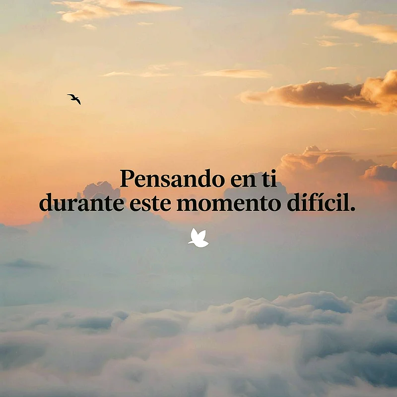 Cielo al atardecer con nubes y un pájaro, transmitiendo paz. Texto 'Pensando en ti durante este momento difícil' en letras oscuras, con una paloma blanca.