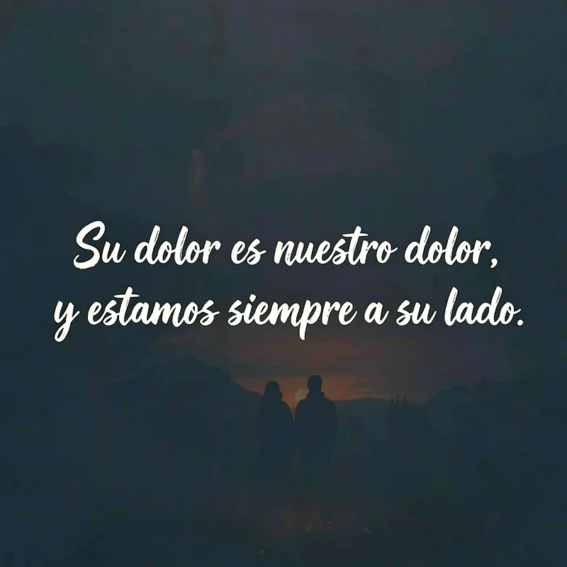 Imagen de pésame con la silueta de una pareja al atardecer, mostrando un paisaje montañoso. El texto blanco dice 'Su dolor es nuestro dolor, y estamos siempre a su lado'.