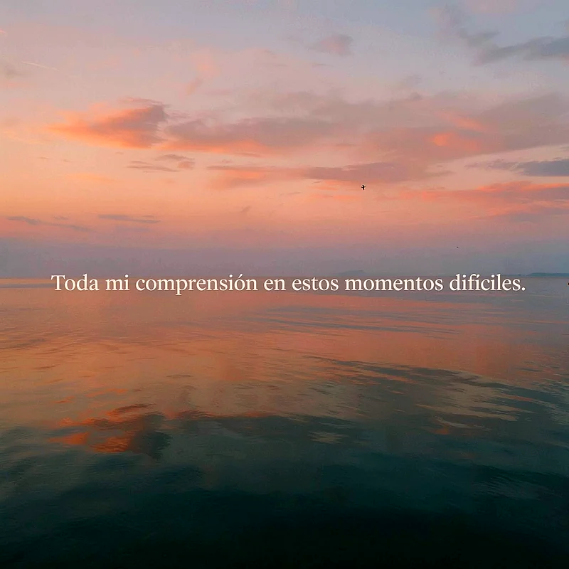 Atardecer sobre el mar con tonos naranjas y rosas, cielo nublado suave y texto blanco centrado que dice Toda mi comprensión en estos momentos difíciles.