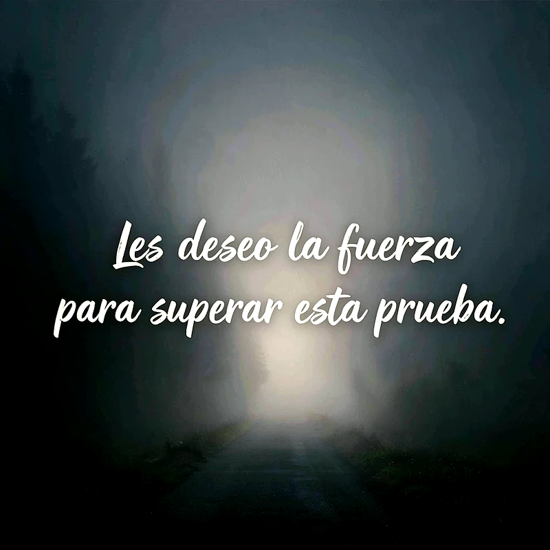 Imagen oscura de un camino brumoso que se dirige hacia una luz brillante, con el texto 'Les deseo la fuerza para superar esta prueba' en blanco.