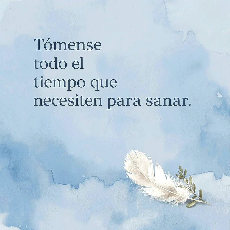 Imagen en tonos azules de acuarela con una pluma blanca y una pequeña rama verde. Incluye el mensaje 'Tómense todo el tiempo que necesiten para sanar'.