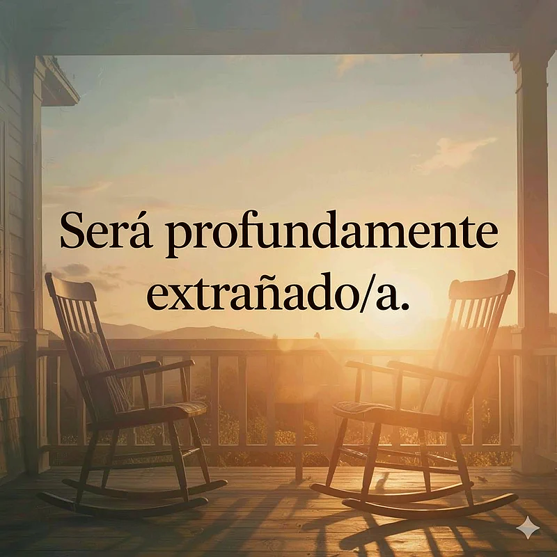 Dos sillas mecedoras de madera vacías en un porche. Atardecer cálido con montañas al fondo y largas sombras. El texto dice 'Será profundamente extrañado/a'.