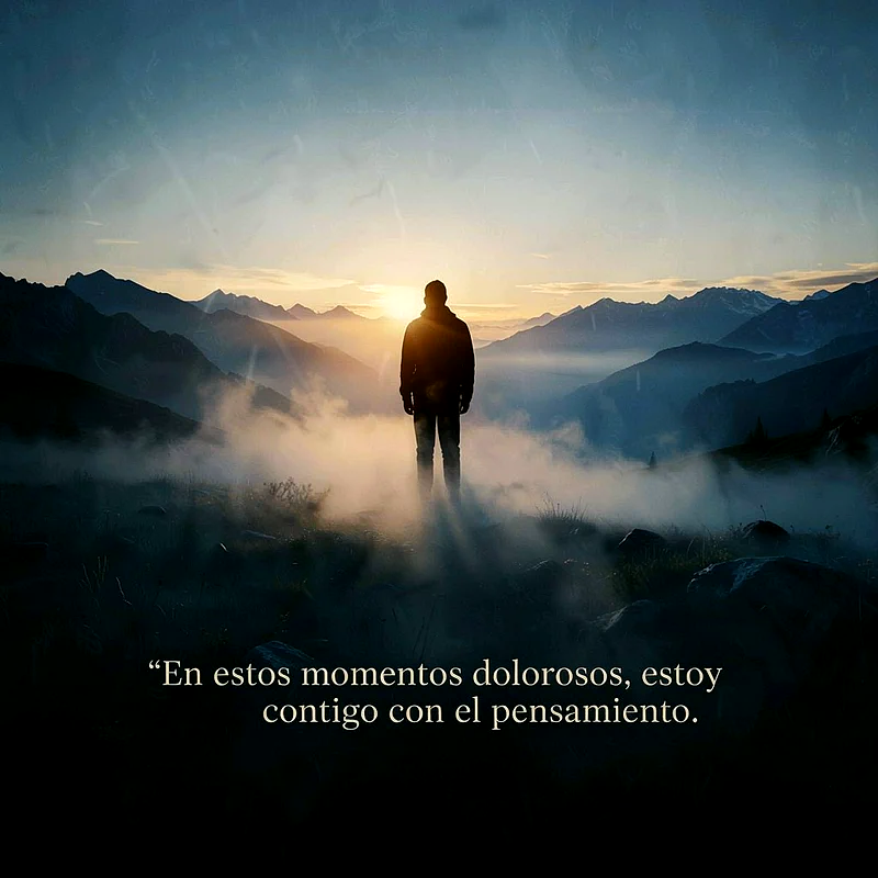 Silueta de persona sobre montañas cubiertas de niebla con atardecer dorado y texto de pésame en letras blancas elegantes.