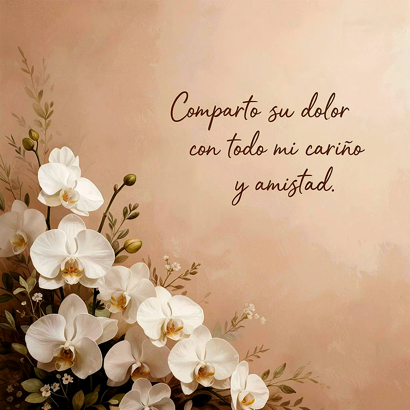 Imagen de pésame con orquídeas blancas floreciendo y capullos sobre un fondo melocotón. Incluye el texto 'Comparto su dolor con todo mi cariño y amistad' en fuente manuscrita.