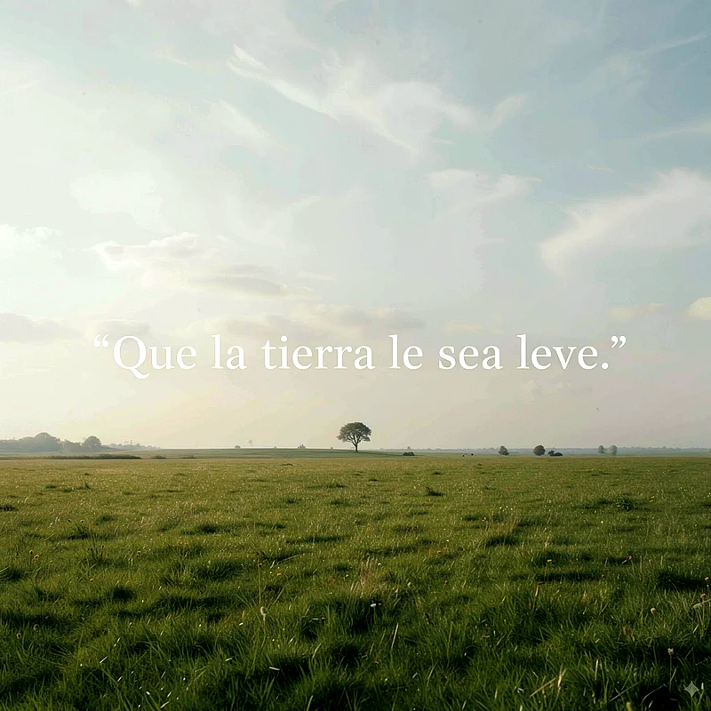 Paisaje de pradera verde con un árbol solitario y cielo nublado, texto sobreimpresión Que la tierra le sea leve en blanco.