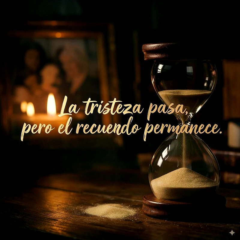 Reloj de arena con arena dorada sobre madera, vela encendida y retrato al fondo. Texto dorado: 'La tristeza pasa, pero el recuerdo permanece'.