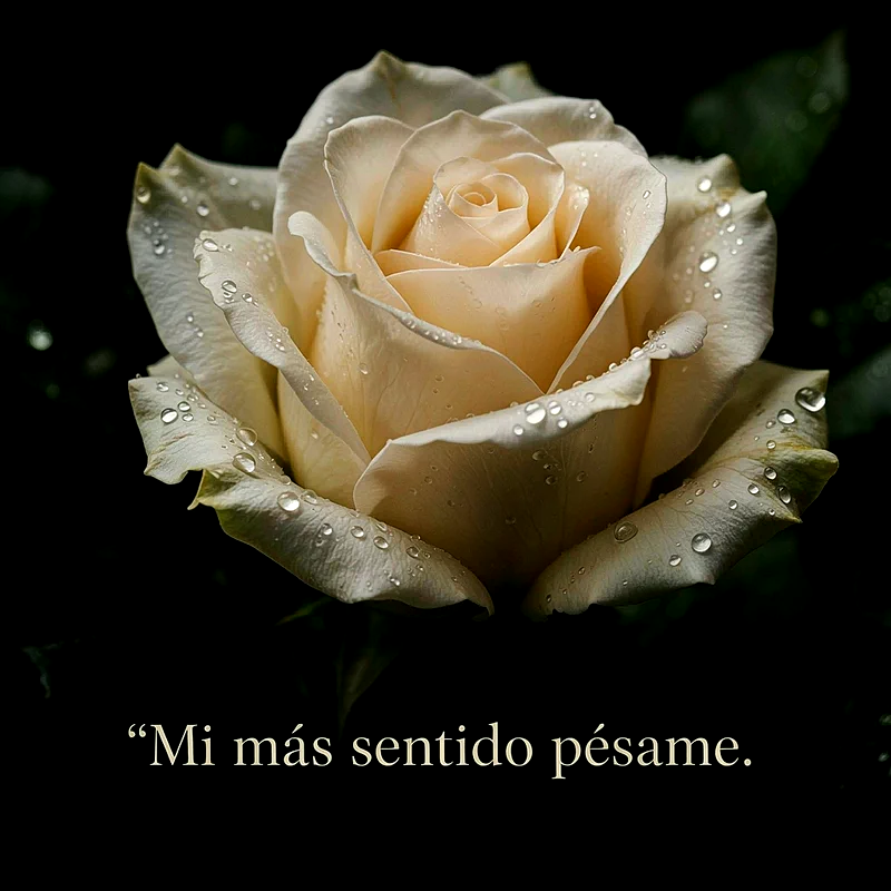 Rosa blanca con gotas de agua sobre fondo negro, texto que dice Mi más sentido pésame en letras doradas.