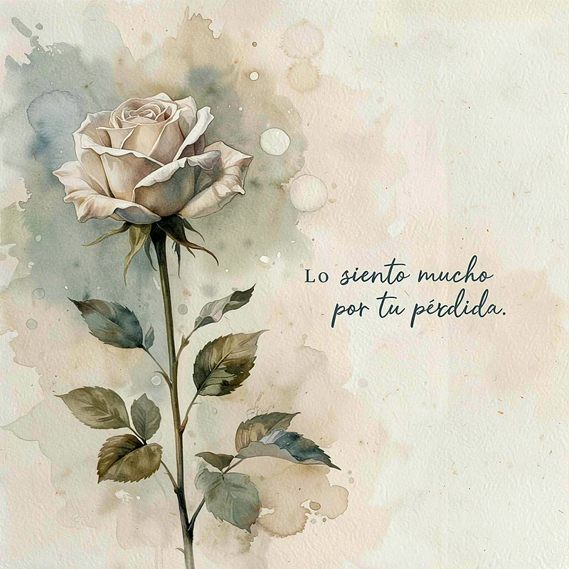 Rosa blanca pintada en estilo acuarela sobre fondo texturizado beige y gris, con el texto Lo siento mucho por tu pérdida en letra elegante.