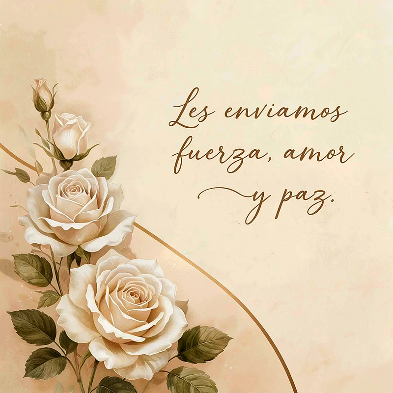 Imagen de pésame con tres rosas blancas crema y hojas verdes sobre fondo beige. El texto marrón en caligrafía elegante dice 'Les enviamos fuerza, amor y paz'.