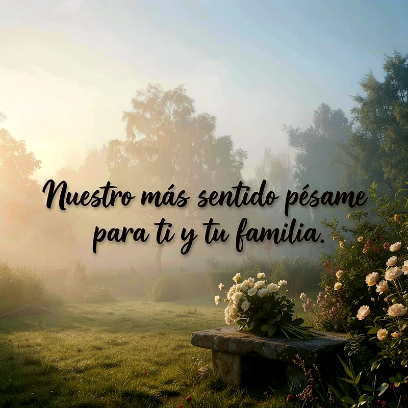 Paisaje brumoso al amanecer con banco de piedra y ramo de rosas blancas. El texto visible dice 'Nuestro más sentido pésame para ti y tu familia'.