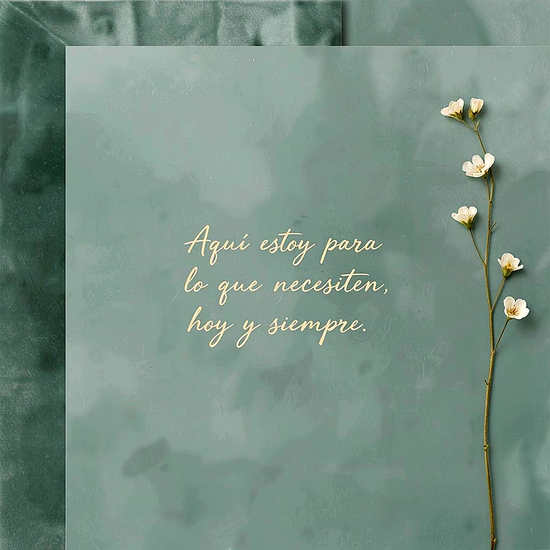 Imagen de pésame en tonos verde teal con un tallo de pequeñas flores blancas y el texto 'Aquí estoy para lo que necesiten, hoy y siempre' en letras doradas.