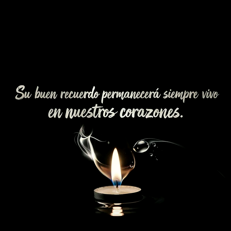 Vela encendida en la oscuridad con humo etéreo y gotas de agua, acompañada del mensaje 'Su buen recuerdo permanecerá siempre vivo en nuestros corazones'.