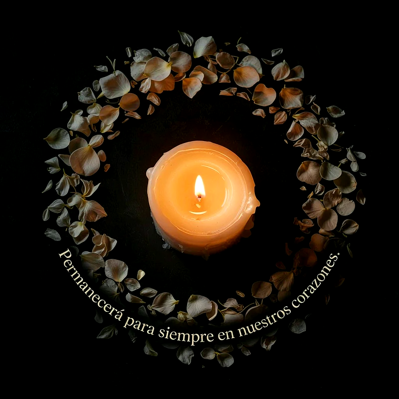 Vela encendida de cera naranja rodeada por un círculo de pétalos blancos y rosados sobre fondo negro, con texto breve.