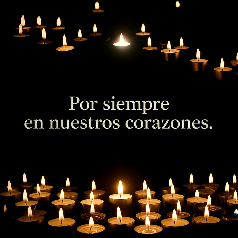 Imagen con fondo oscuro y múltiples velas encendidas en tonos cálidos de naranja y amarillo. El texto blanco dice 'Por siempre en nuestros corazones', evocando un ambiente de recuerdo.