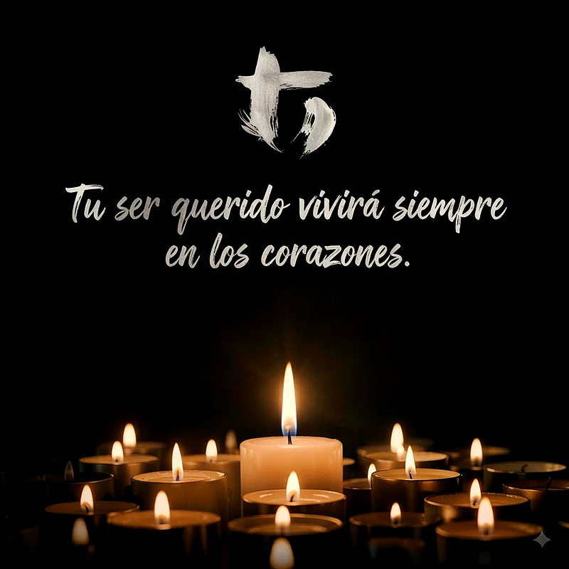 Imagen oscura con múltiples velas encendidas, una más grande al centro. Símbolo de cruz plateado arriba. El texto en cursiva dice: 'Tu ser querido vivirá siempre en los corazones.'