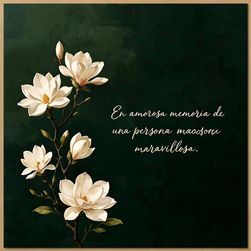 Rama de magnolias blancas y capullos sobre un fondo verde oscuro, con un mensaje de memoria. El texto visible dice 'En amorosa memoria de una persona maravillosa'.