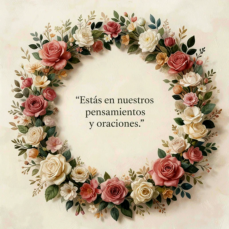 Corona floral compuesta por rosas en tonos pastel como crema, rosa pálido y rosa viejo, y hojas verdes sobre un fondo claro. El texto central dice: “Estás en nuestros pensamientos y oraciones”.