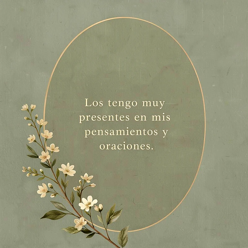 Tarjeta digital con fondo verde texturizado, rama de flores blancas y texto de condolencia en letras serias.