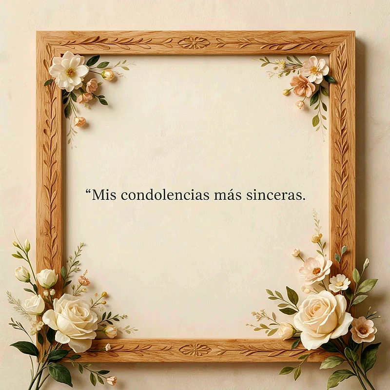 Marco de madera tallado adornado con rosas blancas y flores rosadas, texto central de condolencias sobre fondo crema claro.