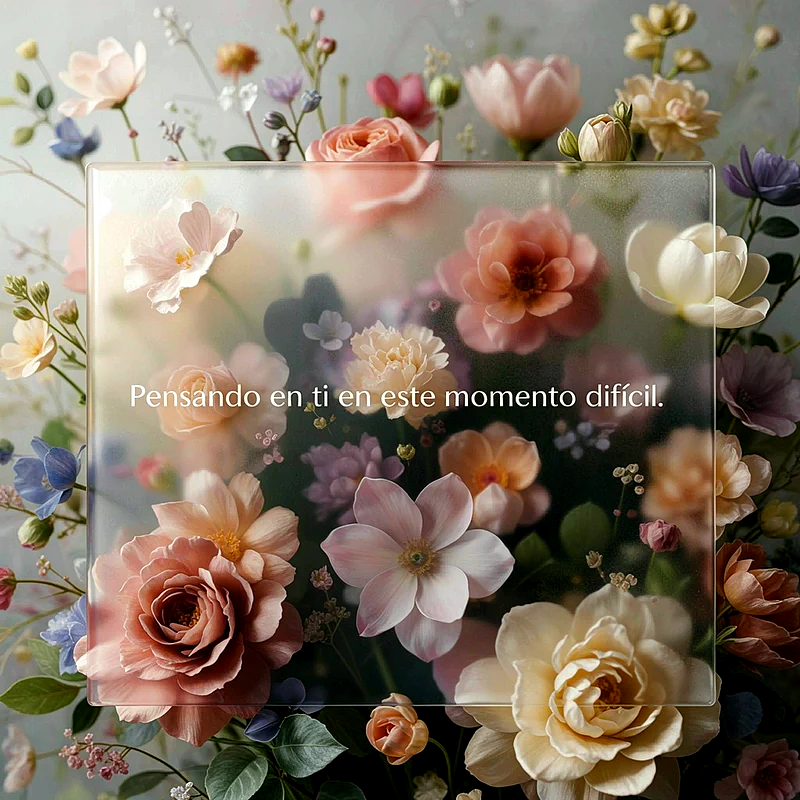 Tarjeta digital con texto de pésame sobre fondo de rosas y flores en tonos pasteles y narcisos.