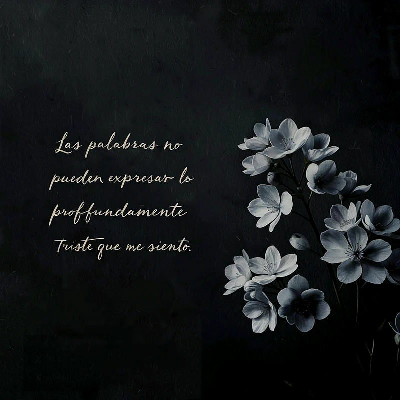 Imagen de pésame con un fondo oscuro y un ramillete de flores en tonos grises y blancos. El texto visible dice 'Las palabras no pueden expresar lo profundamente triste que me siento'.