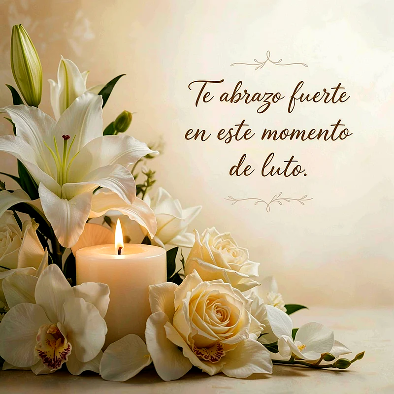 Composición de liras blancas, orquídeas y rosas claras rodeando una vela parafina encendida sobre fondo beige suave. Texto escrito a mano que dice Te abrazo fuerte en este momento de luto.