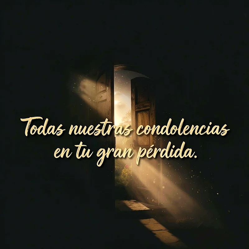Imagen oscura con una puerta de madera entreabierta, de la cual emana una luz dorada y celestial. El texto dice 'Todas nuestras condolencias en tu gran pérdida' en letras doradas.