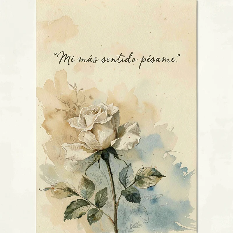 Rosa blanca pintada en acuarela con tonos beige y azules suaves, texto que dice Mi más sentido pésame en la parte superior