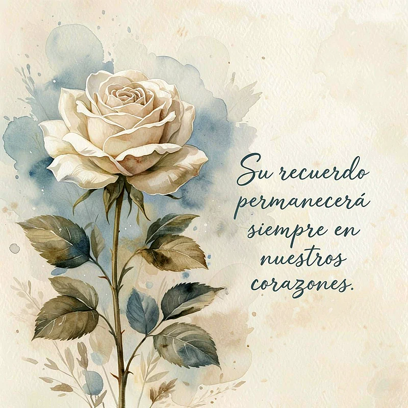 Rosa blanca de acuarela con hojas verde-grisáceas sobre fondo beige. Texto scritto en azul oscuro que dice Su recuerdo permanecerá siempre en nuestros corazones.
