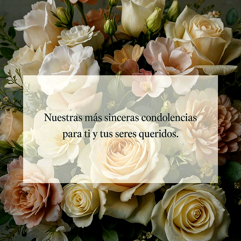 Hojas de rosas blancas y crema sobre fondo oscuro con texto de condolencias en una tarjeta central elegante.
