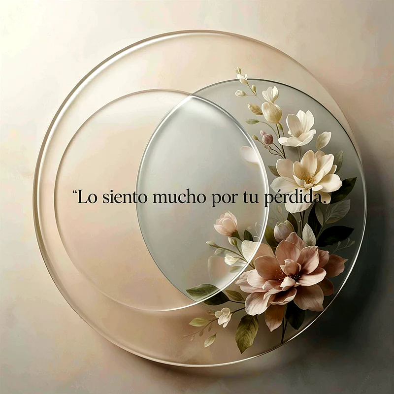 Círculos translúcidos superpuestos con ramas de flores blancas y beige, texto de pésame oscuro sobre fondo suave.