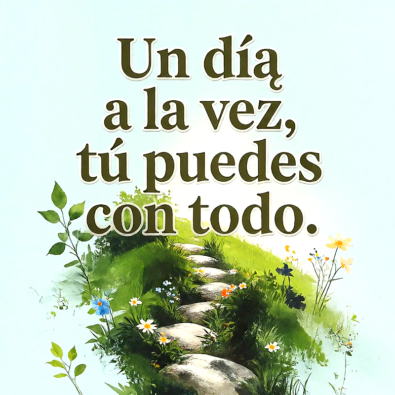 Camino de piedras en una colina verde con flores silvestres, fondo claro y mensaje de fortaleza en letras verdes.